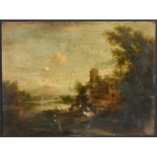 27 - 18th Century German School. Figures in a River Landscape, Oil on copper, Unframed 10.5