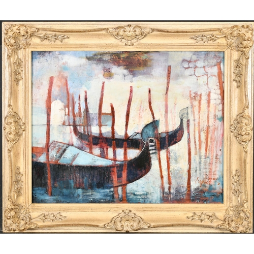 275 - 20th Century Italian School. Study of Gondolas, Oil on board, Indistinctly Signed, 15.75