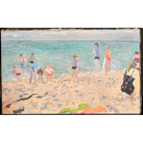 284 - John Harvey (1935-    ) British. Figures on a Beach, Oil on canvas, Studio stamp verso, Unframed 18