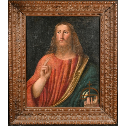 33 - Early 18th Century Italian School. Salvator Mundi, Oil on canvas, In a stripped carved wood frame, 2... 