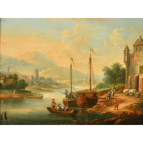 34 - Manner of Marc Baets (1720-1785) Flemish. A River Scene with figures in a Boat, Oil on Panel, 6.5