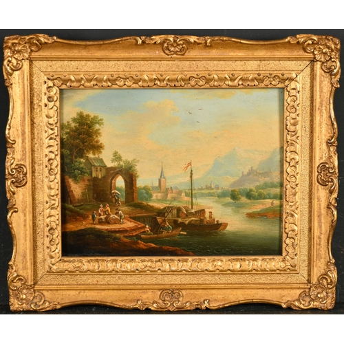 34 - Manner of Marc Baets (1720-1785) Flemish. A River Scene with figures in a Boat, Oil on Panel, 6.5