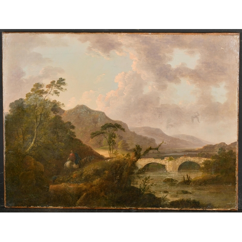 36 - Circle of Julius Caesar Ibbetson (1759-1817) British. A River Landscape with Figures on Horseback, O... 