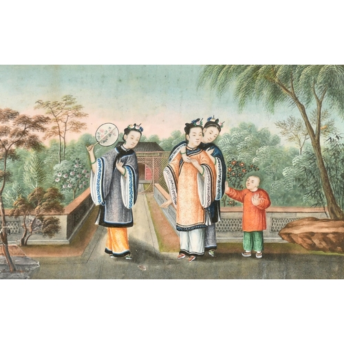 52 - 19th Century Chinese School. Figures on a Terrace, Watercolour, with eglomise glass, 7.5