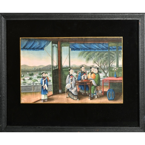 52 - 19th Century Chinese School. Figures on a Terrace, Watercolour, with eglomise glass, 7.5