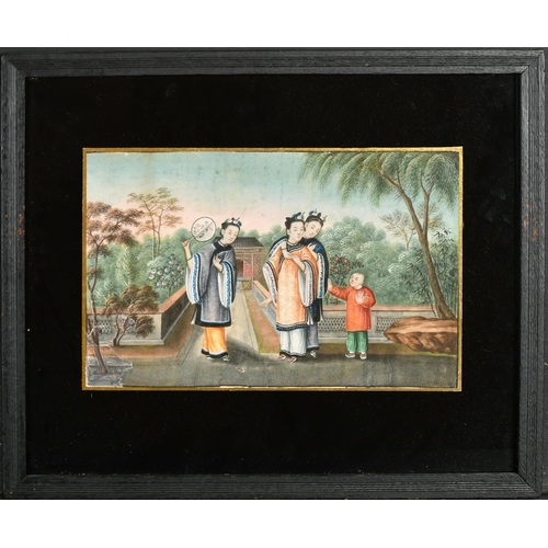 52 - 19th Century Chinese School. Figures on a Terrace, Watercolour, with eglomise glass, 7.5