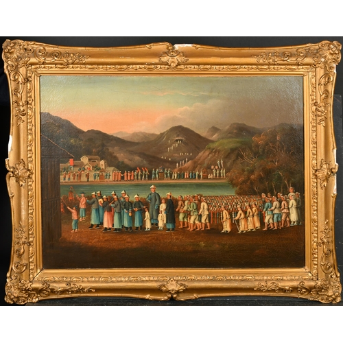 57 - Early 19th Century Chinese School. A Procession around a Lake, Oil on canvas, 18