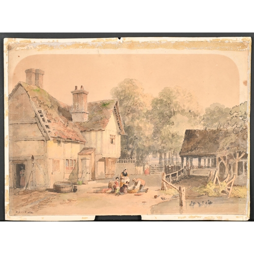 81 - H Wood (19th Century) British. Figures by a Farm, Watercolour, Indistinctly signed and dated 1838, A... 