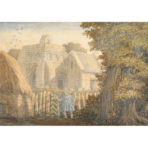 90 - Circle of Samuel Palmer (1805-1881) British. A Figure by a Church Gate, Watercolour, 4.75