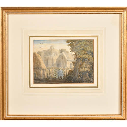 90 - Circle of Samuel Palmer (1805-1881) British. A Figure by a Church Gate, Watercolour, 4.75