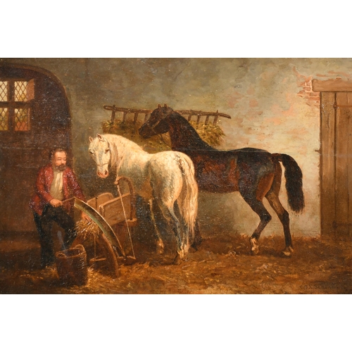 93 - Attributed to Cornelis Albertus Johannes Schermer (1824-1915) Dutch. Feeding the Horses, Oil on pane... 