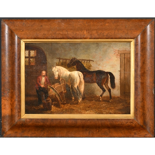 93 - Attributed to Cornelis Albertus Johannes Schermer (1824-1915) Dutch. Feeding the Horses, Oil on pane... 