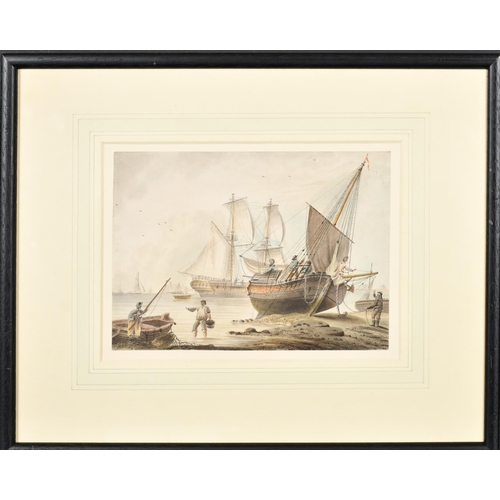 116 - Samuel Atkins (1760-1808) British. Figures with Beached Boats, Watercolour, Signed, 6.4