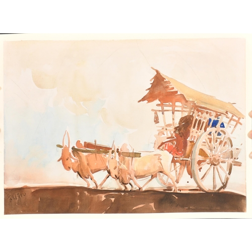 160 - Yong Mun Sen (1896-1962) Malaysian. The Ox Cart, Watercolour, Signed with motif and dated 1940, Unfr... 