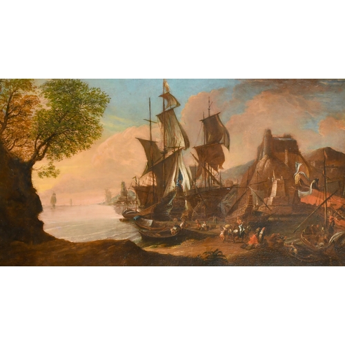 17 - 18th Century Italian School. A Mediterranean Harbour Scene with Figures, Oil on canvas, 20