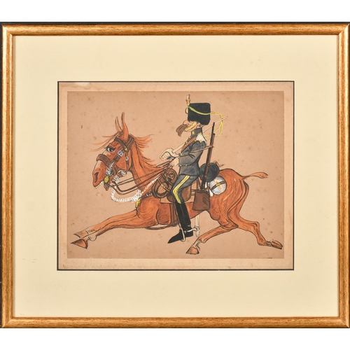 177 - Early 20th Century English School. A Cartoon of an 18th Hussar on Horseback, Watercolour and ink ove... 