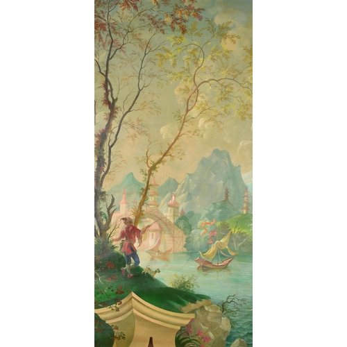 222 - Attributed to Rex Whistler (1905-1944) British. A Fantastical Oriental Scene, Oil on unstretched can... 