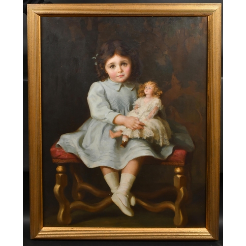 232 - Beatrice Bright (1861-1940) British. A Seated Young Girl with her Doll, Oil on canvas, Signed, and s... 