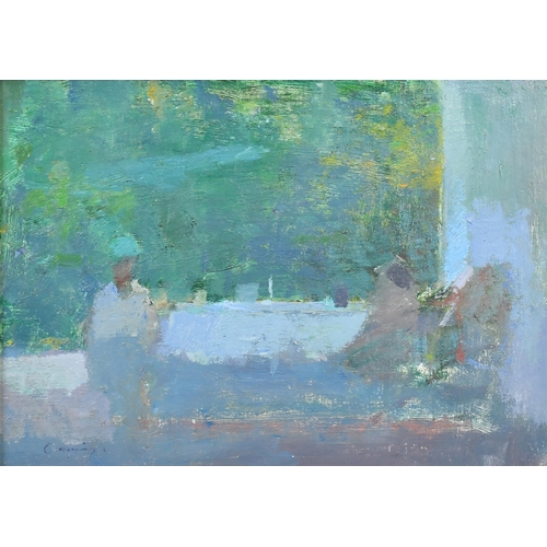 240 - Fred Cuming (1930-2022) British. Figures at a Table, Oil on board, Signed, and inscribed and dated 2... 