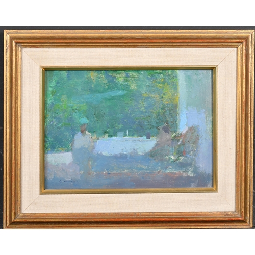 240 - Fred Cuming (1930-2022) British. Figures at a Table, Oil on board, Signed, and inscribed and dated 2... 