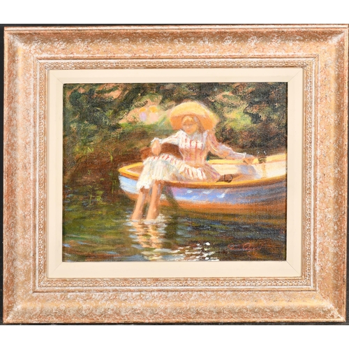 248 - Rene Legrand (1923-1996) French. A Young Girl Sitting in a Boat, Oil on artist's board, Signed, 10