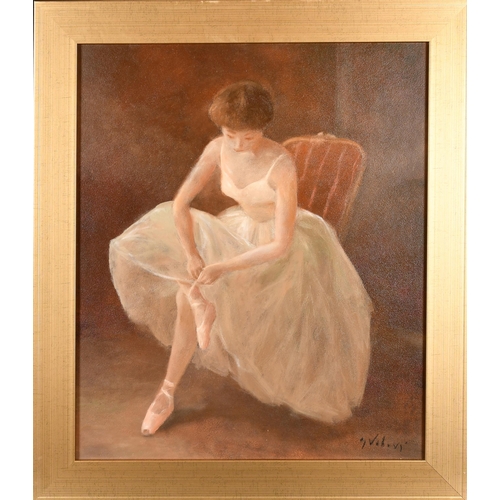 265 - Miloslava Vrbova-Stefkova (1909-1991) Polish. Trying the Ribbon, Oil on board, Signed, and inscribed... 