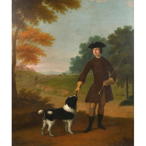 37 - Circle of Charles Philips (1703-1747) British. A Sportsman holding a Gun with a Dog by his Side, Oil... 