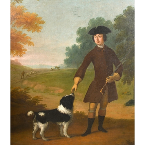 37 - Circle of Charles Philips (1703-1747) British. A Sportsman holding a Gun with a Dog by his Side, Oil... 