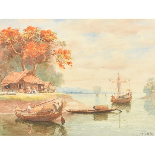 53 - 19th Century Burmese School. A River Scene, Watercolour, Signed with initials, 5.5