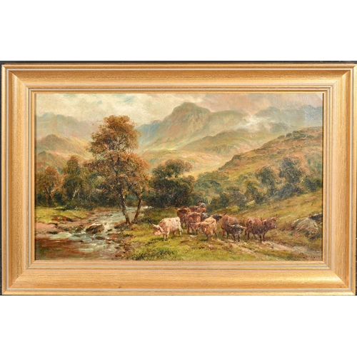 56 - William Langley (act.1880-1920) British. Cattle in a Highland Landscape, Oil on canvas, Signed, 12