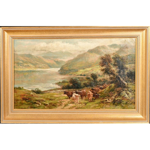 56 - William Langley (act.1880-1920) British. Cattle in a Highland Landscape, Oil on canvas, Signed, 12