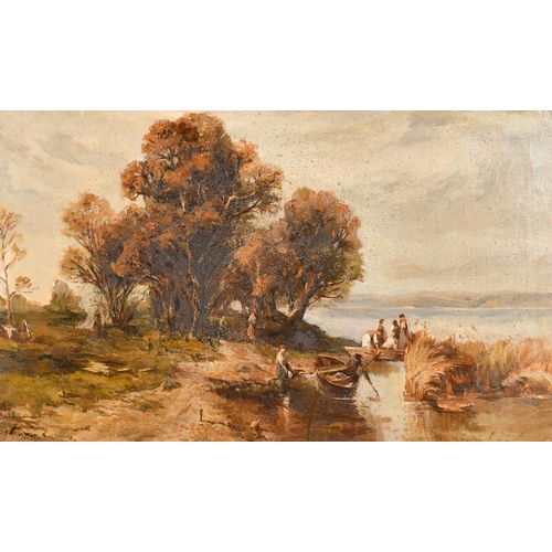 85 - 19th Century Italian School. A River Scene with Figures, Oil on canvas, Indistinctly signed, 11.75