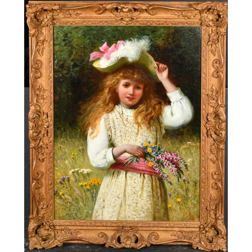 95 - Jane Maria Bowkett (1839-1891) British. A Young Girl with a Feathered Hat holding a Posy of Flowers,... 