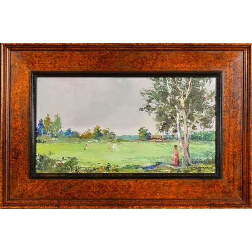 108 - Joao California (20th Century) American/Portuguese. A Golf Match. Oil on board, Signed, 11.5