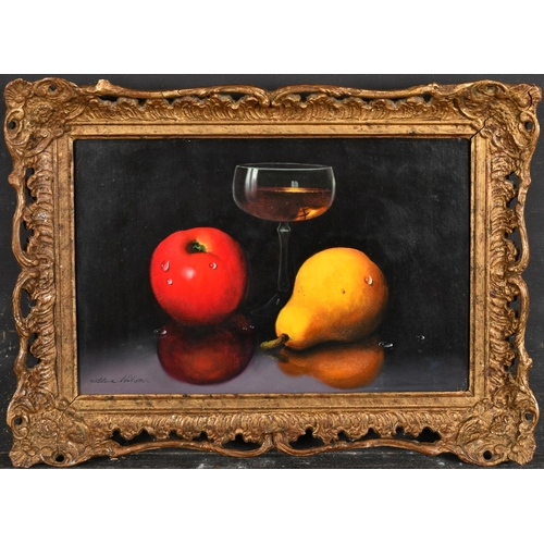 174 - Alex Wilson (20th Century) British. Still Life of a Glass of Wine with an Apple and Pear, Oil on boa... 