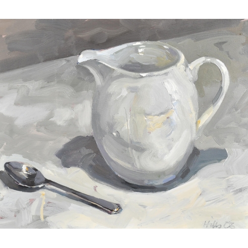 175 - Sarah Hills (20th-21st Century) British. Still Life of Jug and Spoon, Oil on canvas, Signed and date... 