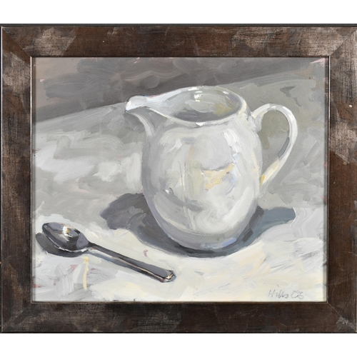 175 - Sarah Hills (20th-21st Century) British. Still Life of Jug and Spoon, Oil on canvas, Signed and date... 