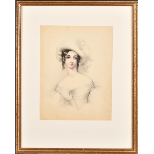 68 - Early 19th Century English School. Bust Portrait of a Lady with a Feather Hat, Watercolour and penci... 