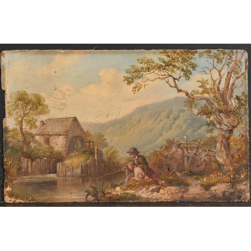 78 - C Walker (19th Century) British. Children Fishing by a Water Mill, Oil on unstretched canvas, Signed... 