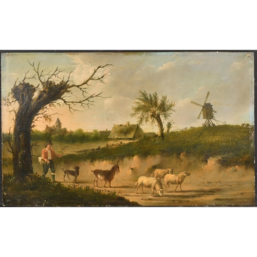 91 - 19th Century Dutch School. A Shepherd with a Goat and Sheep, Oil on panel. Indistinctly signed, Unfr... 