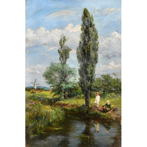 113 - F C L (19th-20th Century) British. Girls by a Stream, Oil on canvas, Signed with initials and dated ... 