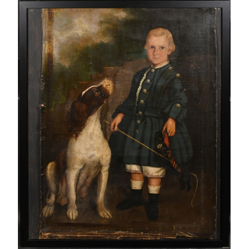 125 - Early 19th Century Scottish School. A Naive Portrait of a Young Boy with his Dog, Oil on unstretched... 