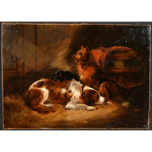 132 - J Barker (19th Century) British. Dogs at Rest in a Stable, Oil on canvas, Signed with initials, and ... 