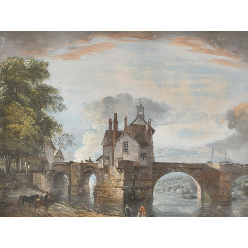 19 - Paul Sandby (1731-1809) British. Figures Crossing an Old Stone Bridge, Watercolour and gouache, 15