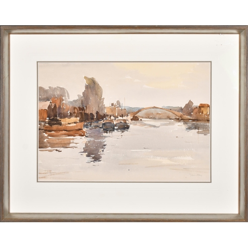 211 - John Yardley (1933-    ) British. A River Scene with a Bridge, Watercolour, Signed in pencil, 12