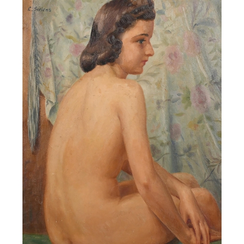 232 - Claude Sielens (20th Century) French. A Seated Nude, Oil on panel, Signed, 12.75