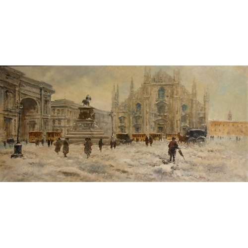 235 - Carlo Pelegrini (1866-1937) Italian. 'Milan Cathedral', a winter scene with figures, Oil on canvas, ... 