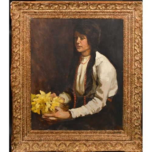 239 - Early 20th Century English School. A Seated Young Lady holding a Bowl of Daffodils, Oil on canvas, 3... 