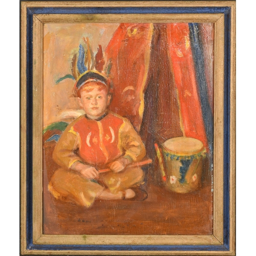 240 - 20th Century English School. A Young Boy in Fancy Dress, Oil on panel, 14.75