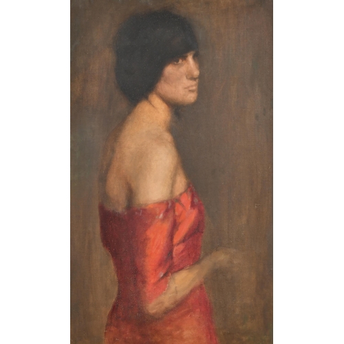 253 - Early 20th Century English School. A Half Length Portrait of a Lady in a Red Dress, Oil on canvas, 3... 